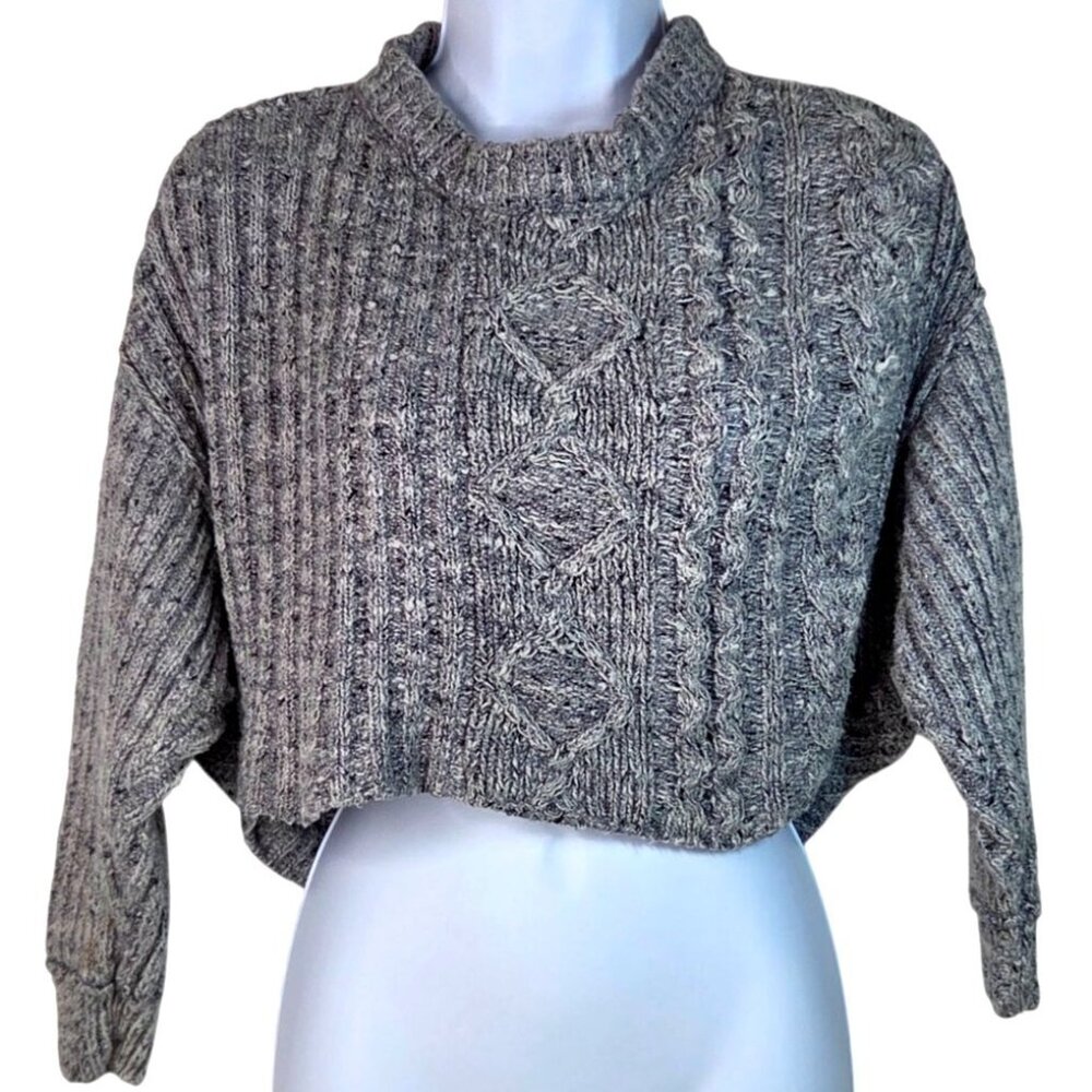 Free People Gray Chunky Cable Knit Cropped  Sweater Dolman Sleeves  XS